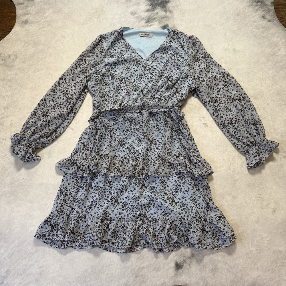 Grace Karin Dress Womens Size XL Blue Animal Print Fit And Flare Tiered‎ Belted